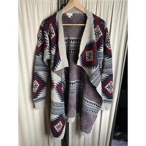 NWOT Debut sx M/L Aztec Cardigan Cream/Burgandy/Black BOHO Drape